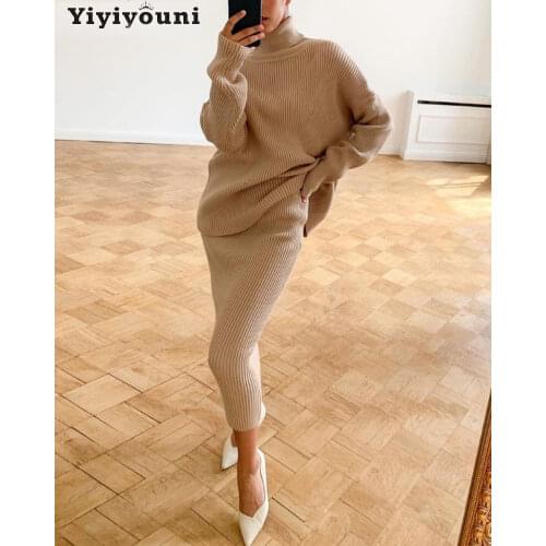 Yiyiyouni Autumn Winter Turtleneck Sweater and Skirt 2 Piece Set Women Solid Loose Jumpers Female Skirt Long Sleeve Knitted Tops