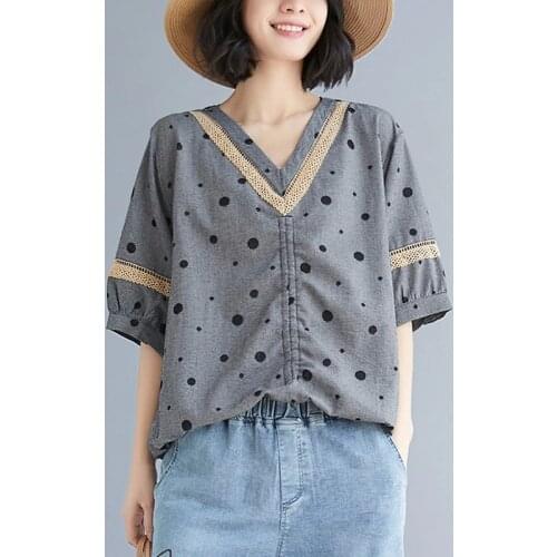 Women Summer Cotton Casual T-shirts New 2021 Vintage Style V-neck Polka Dots Print Loose Female Short Sleeve Tops Tees B517
