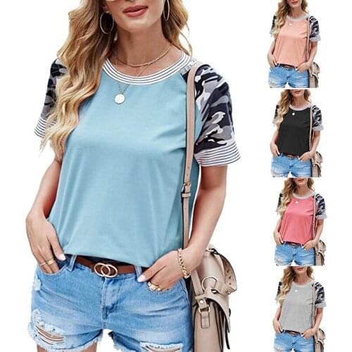 Summer T Shirt Women Summer New Leisure Fashion Printing Splicing Stripe T-shirt With Short Sleeves 2021 Harajuku Tshirt OKBS117