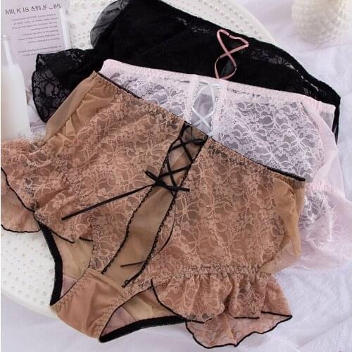 Plus Size Womens High Panties Sexy Lace Ultra-thin Mesh Transparent High Waist Female Underwear Control Abdomen Ruffle Briefs