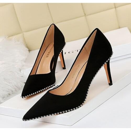 BIGTREE Shoes Black Heels Metal Beads Woman Pumps Suede High Heels Stiletto Wedding Shoes Women Heels Female Plus Size 41 42 43