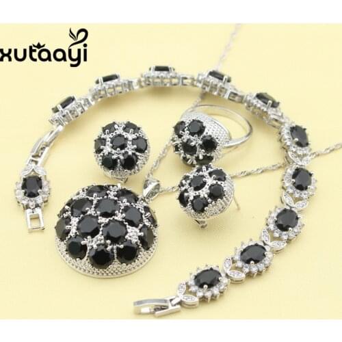 Black Cubic Zirconia New Fashion Sterling Silver Overlay Jewelry Sets Graceful Necklace Rings Earring Bracelet For Women