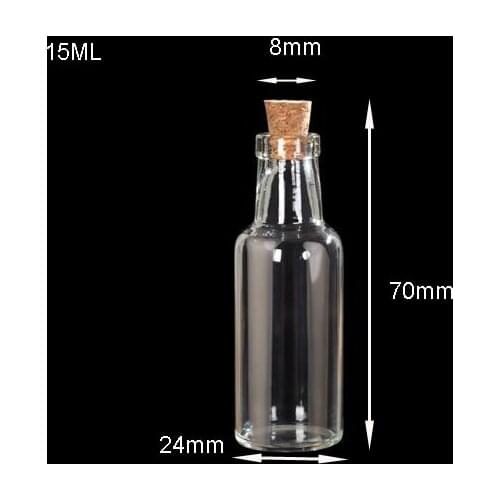 100pcs 24x70x8mm Clear Glass Bottle with cork hanging wishing bottles Charms vial Pendants perfume bottle 15ML jewelry findings