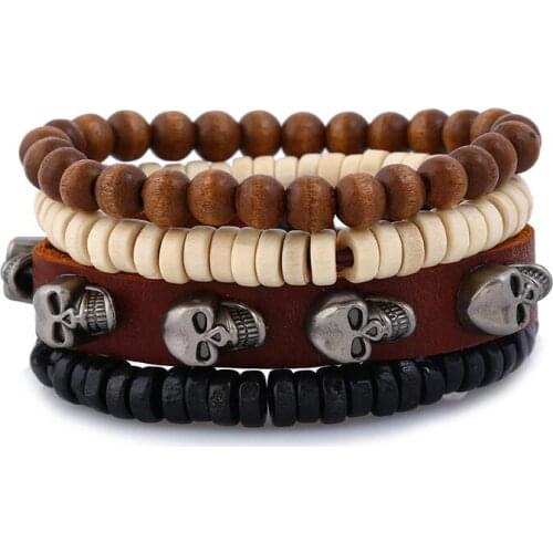 4PC Vintage Punk Gothic Skull Beads Leather Bracelets Beaded Charms Rope Bangles Wristbands Fashion Retro for Women Men Jewelry