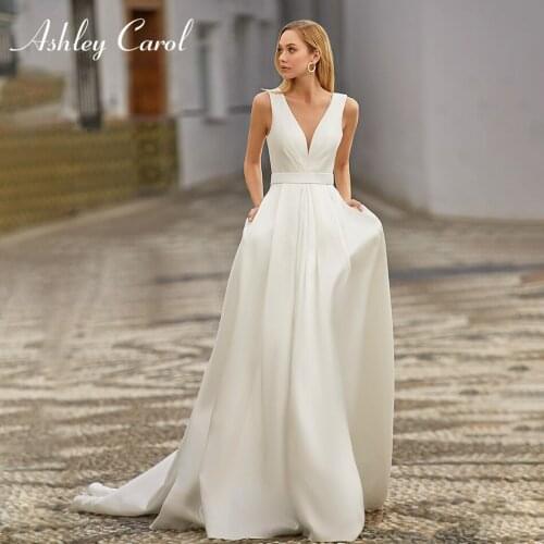 Ashley Carol Satin A-Line Wedding Dress 2021 Elegant V-Neck Sleeveless Button Vintage Bride Gowns Customized Vestido De Noiva
