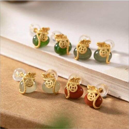 Natural Hetian Jade Bag Safe Gray Jade Purse Stud Earrings S925 Sterling Silver South Red Lucky Bag Earrings Palace Style Access
