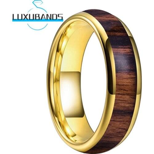 6MM Gold Tungsten Carbide Rings For Men Women Real Wood Inlay Engagement Wedding Bands Polished Finished Comfort Fit