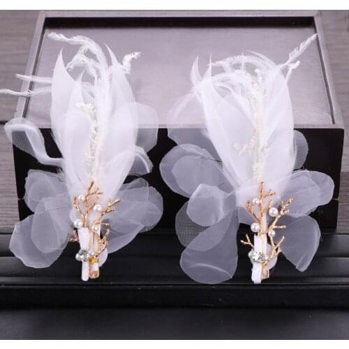 Korean Wedding Dress Accessories Feather Silk Head Flower Hairpin Wholesale Bridal Flower Pearl Hair Pin Headdress BN