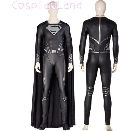 Halloween Clark Cosplay Kent Black Costume Superhero Bodysuit Man Outfit Custom Made Black Jumpsuit Cloak Boots
