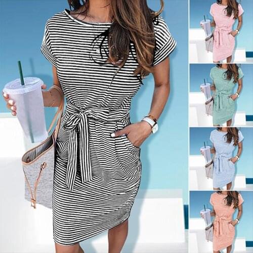 Hot Kf-Womens Summer Striped Short Sleeve T-Shirt Dress Casual Tie Belt Pocket