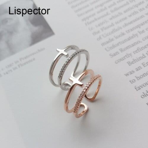 Lispector 925 Sterling Silver Simple Rose Gold Cross Rings for Women Religious Double Layers Ring Christian Female Jewelry Gifts