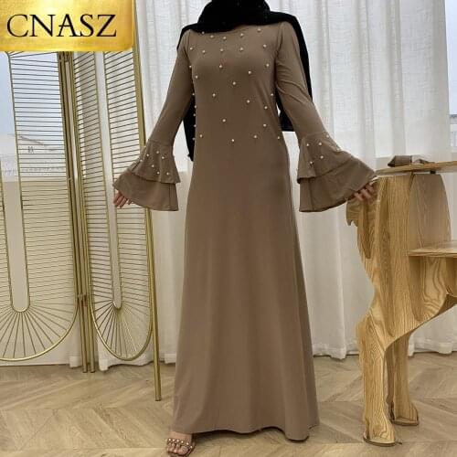 New Arrivals Modest Fashion Dubai Collection A-line Dress With Belt For Women Taupe Pearl Ruffle Sleeve Maxi Dress