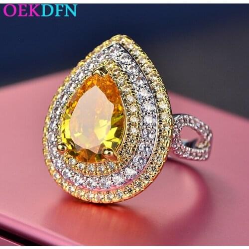 OEKDFN Real 925 Sterling Silver Pear Water Drop Ring For Women Citrine Wedding Engagement Party Jewelry Size 5-10