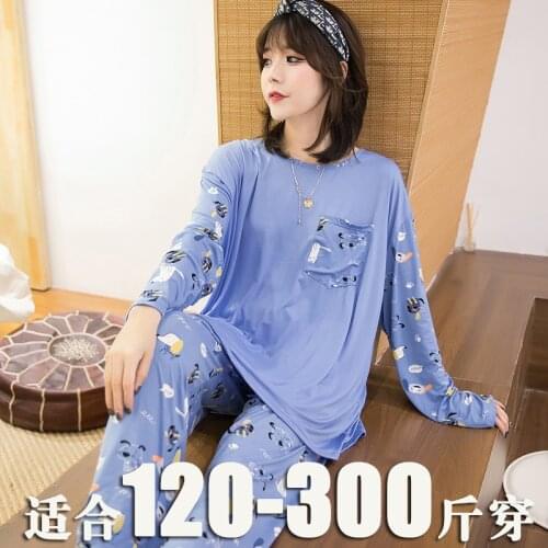 Plus Size 135Kg Spring Autumn Loose Cute Cartoon Pajamas Two-Piece Suit Women Long-Sleeved Trousers Home Service XL-4XL