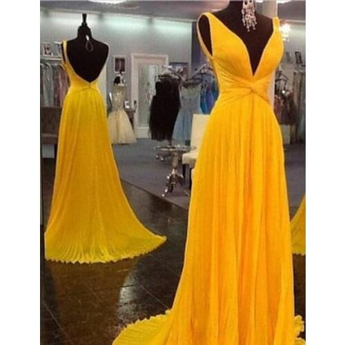 Sexy A-Line Deep V-Neck Long Yellow Chiffon Evening Dresses with Pockets Floor Length Open Back Formal Party Dresses for Women
