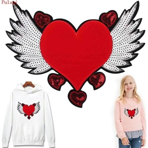 Pulaqi Fly Wings Red Heart Patch Sewing Embroidered Sequin Patches For Clothes Jacket Fabric Free Heart Patch Angel For T-shirts