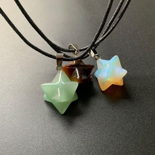 Hand Carved Geometric Shapes Merkaba Star Crystal Stones Aventurine Tiger Eye Opalite Pendant Handmade Necklace 1pc