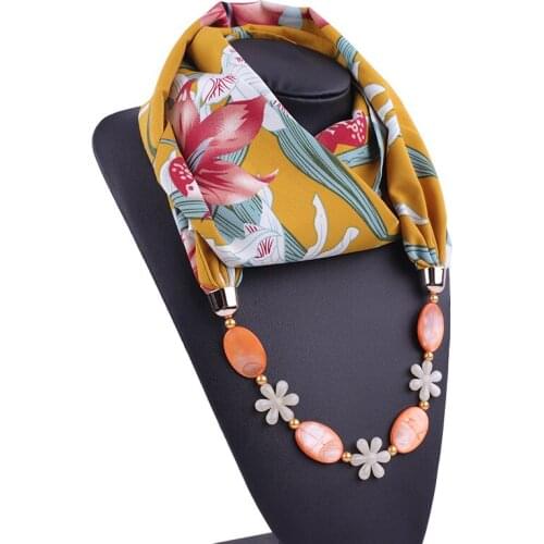 Fashion Elegant Jewelry Necklace Scarves For Women Print Chiffon Ring Style Neck Scarves Popular Shell Pendant Female Echarpe