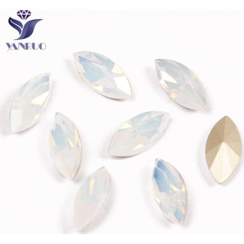 YANRUO 4200 Navette Horse Eyes White Opal Sewn Stones Glass Silver Gold Claws Rhinestones Sewing Strass Stones For Clothing