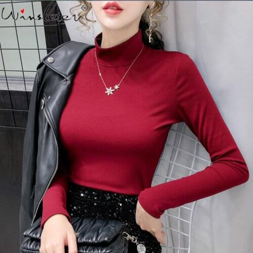Fall Winter T-shirt Women 2021 Cotton Solid Turtleneck Slim Waist Stretchy Casual Tops Tees Long Sleeve Multi Colors T18201A