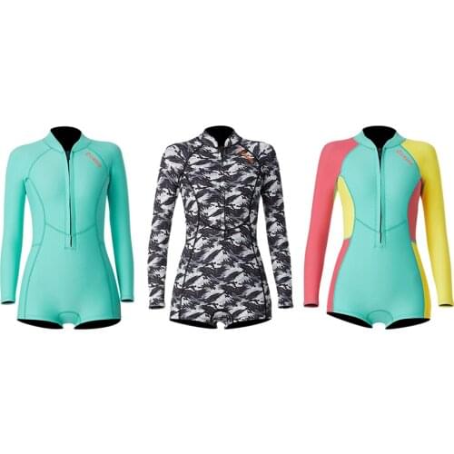 Women Neoprene One-piece 1.5mm Wetsuit Front Zip Long Sleeve Diving Snorkeling Swimwear Wetsuits