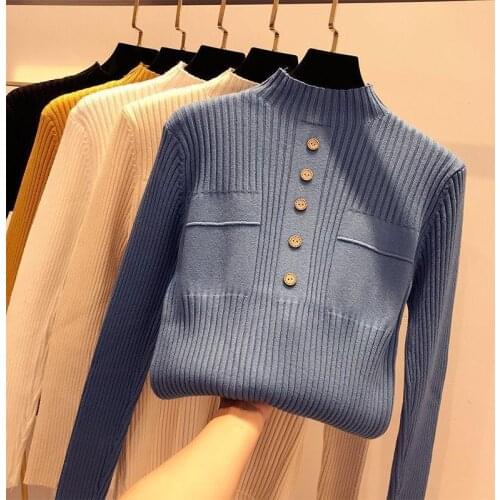 Ladies Half-high Neck Sweater Pullover Sweater Female Button Slim Solid Color Base Coat woman Warm Casual Weater Autumn Winter