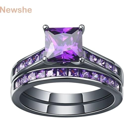 Newshe Black Wedding Engagement Ring Set For Women Unique Rings Purple 1.25 Ct Princess Cut AAA Cubic Zircons Fashion Jewelry