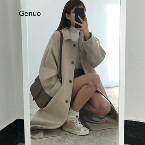 Autumn Winter Woolen Coat Simple Solid Leisure Single-breasted Turn-down Collar Female Long Woolen Coat