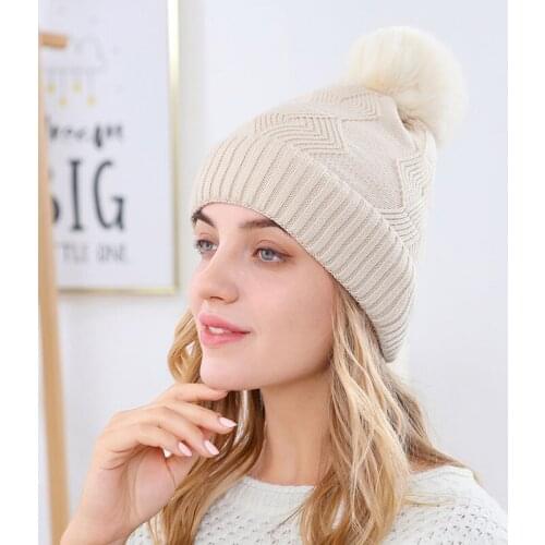 Winter Fur Pompom Hats For Women Soft Knitted Beanie Solid Color Thick Warm Casual Cap Female Bonnet