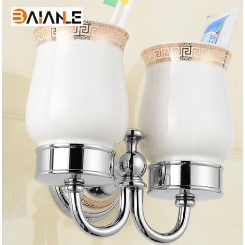 Cup & Tumbler Holders Retro Printing Wall Mounted Bathroom Accessories Ceramics Chrome Double Cup Holders Free Shipping