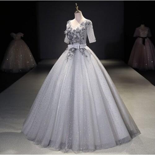 Silver half sleeve embroidery sequined beading court ball gown royal Medieval Renaissance Victorian dress Belle ball
