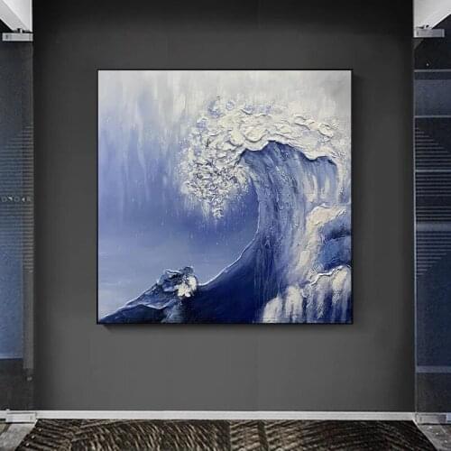 Large Hand-painted Thick knife abstract Sea Oil Painting Blue White Gorgeous Abstract Painting Home Living Room Decor Artworks