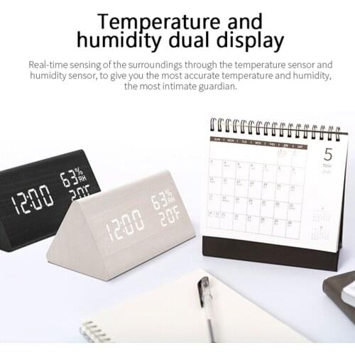 Humidity And Temperature Alarm Clock Triangle Digital Baby Room Wood Clock Mute Luminous LED Electronic Gift