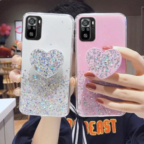 For Xiaomi Redmi Note 10 Pro Case Luxury Bling Glitter Heart Holder Cover Xiaomi Redmi K40 Note 10 Note10 10Pro Silicone Cases