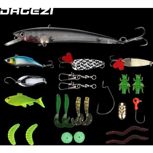 DAGEZI 23Pcs Fishing Lure Kit Minnow Popper Spoon Jig Head Hooks Fishing bait Set With Box Artificial Bait Fishing Tackle