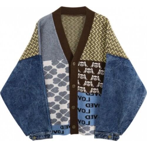 Vintage Patchwork Denim Coat Casual V Neck Knitted Cardigan Sweater Oversized Autumn Long Sleeve Knitwear Loose Female Outwear
