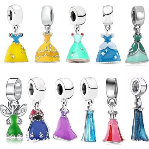 Enamel Disny Snow White Princess Dress Pendant Fit Original Pan Charms Bracelet Cartoon Elsa Skirt Beads Women Jewelry DIY Charm