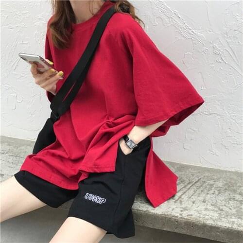 2021 Spring summer Women T-shirt Slit short Sleeve Basic Tee Shirt Solid Oversized Loose Casual O-neck Harajuku Female Top Korea