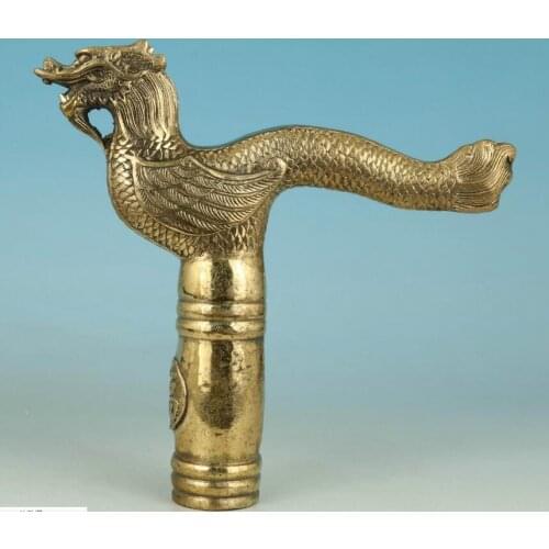 Chinese Old Brass Collectable Handwork carved Dragon Statue Walking Stick Head