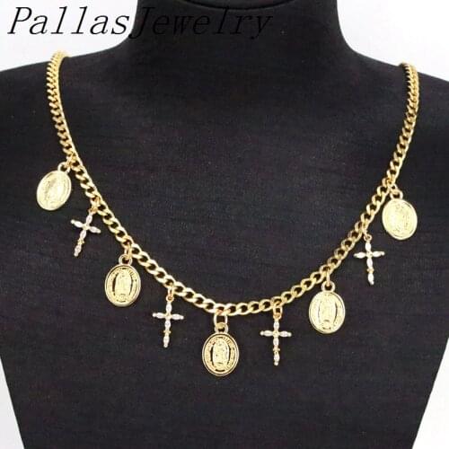 3Pcs, Popular Religious Jesus Mary Crystal Chain Necklaces For Women Gold Cross Virgin Mother Mary Charms Pendant Necklace