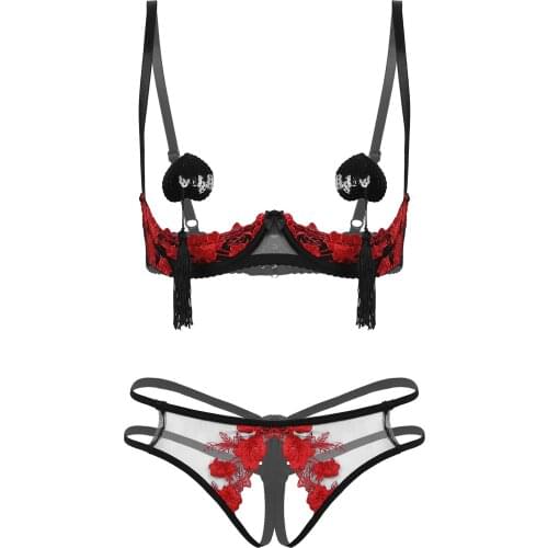Womens Lingerie Set Bare Breast Underwired Bra Tops Strappy Crotchless G-string Briefs with Heart Shaped Sequin Tassel Pasties
