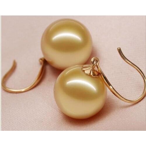 Beautiful a pair 10-11mm AAA south sea round gold pearl dangle earrings14k
