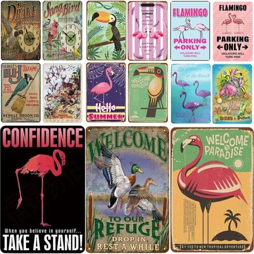Pink Flamingo Blue Parrot Plaque Metal Vintage Welcome To The Summer Zoo Tin Sign Decor Metal Signs Vintage Metal Plate