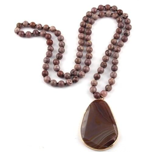 MOODPC Fashion Bohemian Tribal Jewelry Natural Stone Knotted Necklaces Facet Irregular Drop Pendant Women Ethnic Necklace