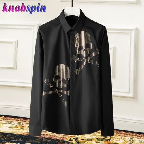 Sequins double Skull head Shirt men Brand trend Fashion Slim long sleeve Chemise homme High quality Business male dress Shirts