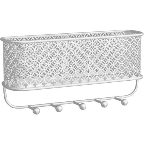 Wall Mounted Metal Storage Basket,Key and Mail Holder with 5 Hooks,Hat Coat Rack for Entryway,Living Room,Bedroom