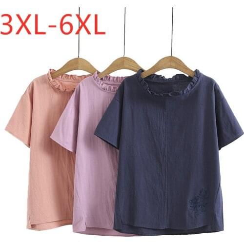 New 2021 Ladies Summer Plus Size Tops For Women Large Short Sleeve Loose Cotton Linen Embroidery O-neck T-shirt 3XL 4XL 5XL 6XL