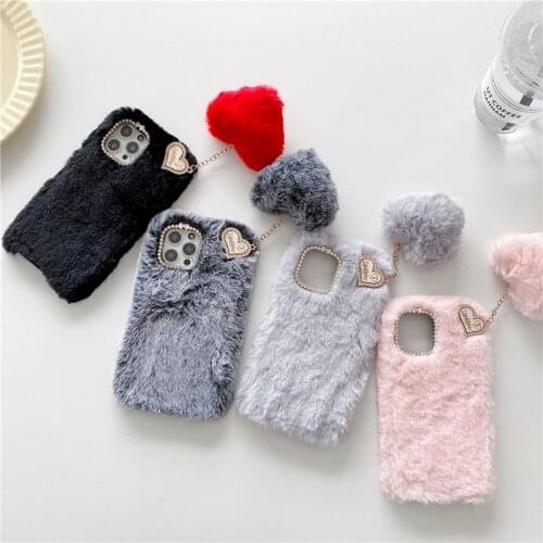 Luxury Love Pendant Phone Case For iPhone 12 Pro Max 11 X XS XR 8 7 6 6S Plus SE 5S 5C Cute Warm Winter Fluffy Plush Fur Covers