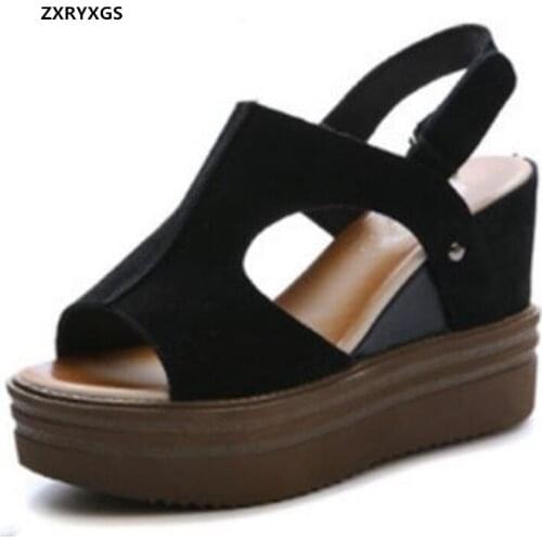 New Summer Fish Mouth Nubuck Leather Sandals Thick Bottom Heighten Shoes Wedges Sandals High Heel Shoes Summer Women Sandals