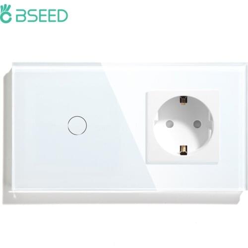 BSEED Touch Light Switch 1 Gang With EU Wall Socket White Black Gold Wall Sensor Switch Crystal Glass Panel For Home